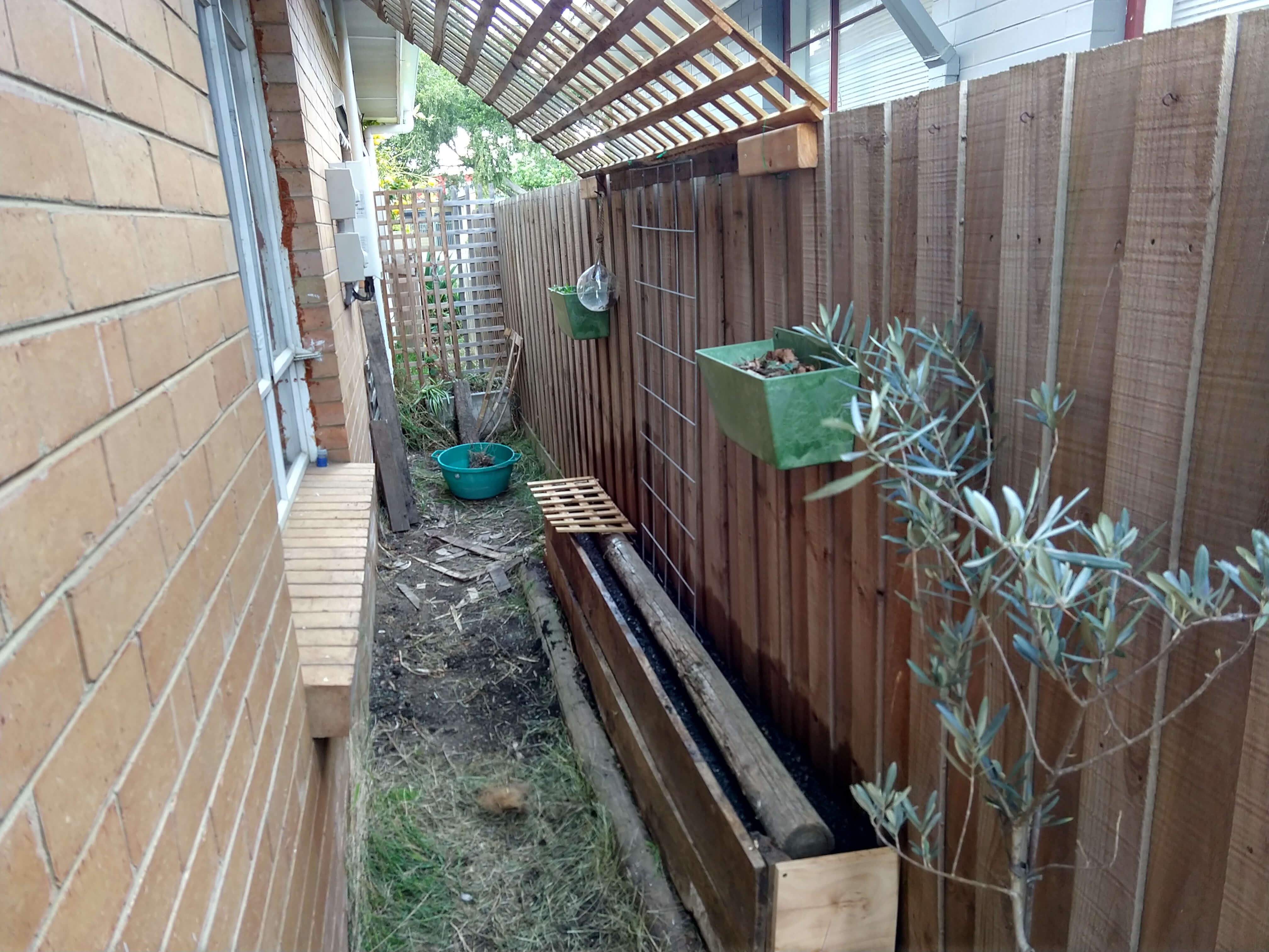 A garden bed built up against a wooden fence down the side of a house