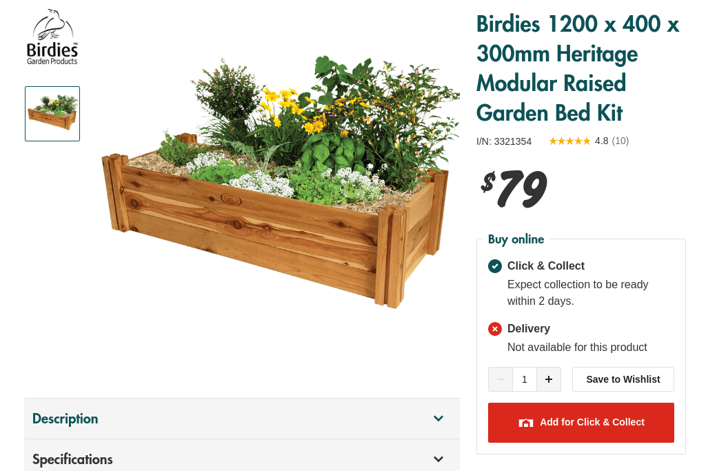 Screenshot of a Bunnings store page for the Birdies 1200 x 400 x 300mm Heritage Modular Raised Garden Bed Kit