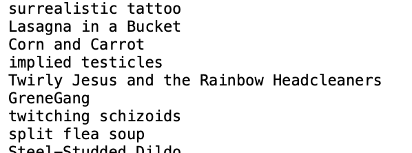 surrealistic tattoo
Lasagna in a Bucket
Corn and Carrot
implied testicles
Twirly Jesus and the Rainbow Headcleaners
GreneGang
twitching schizoids
split flea soup